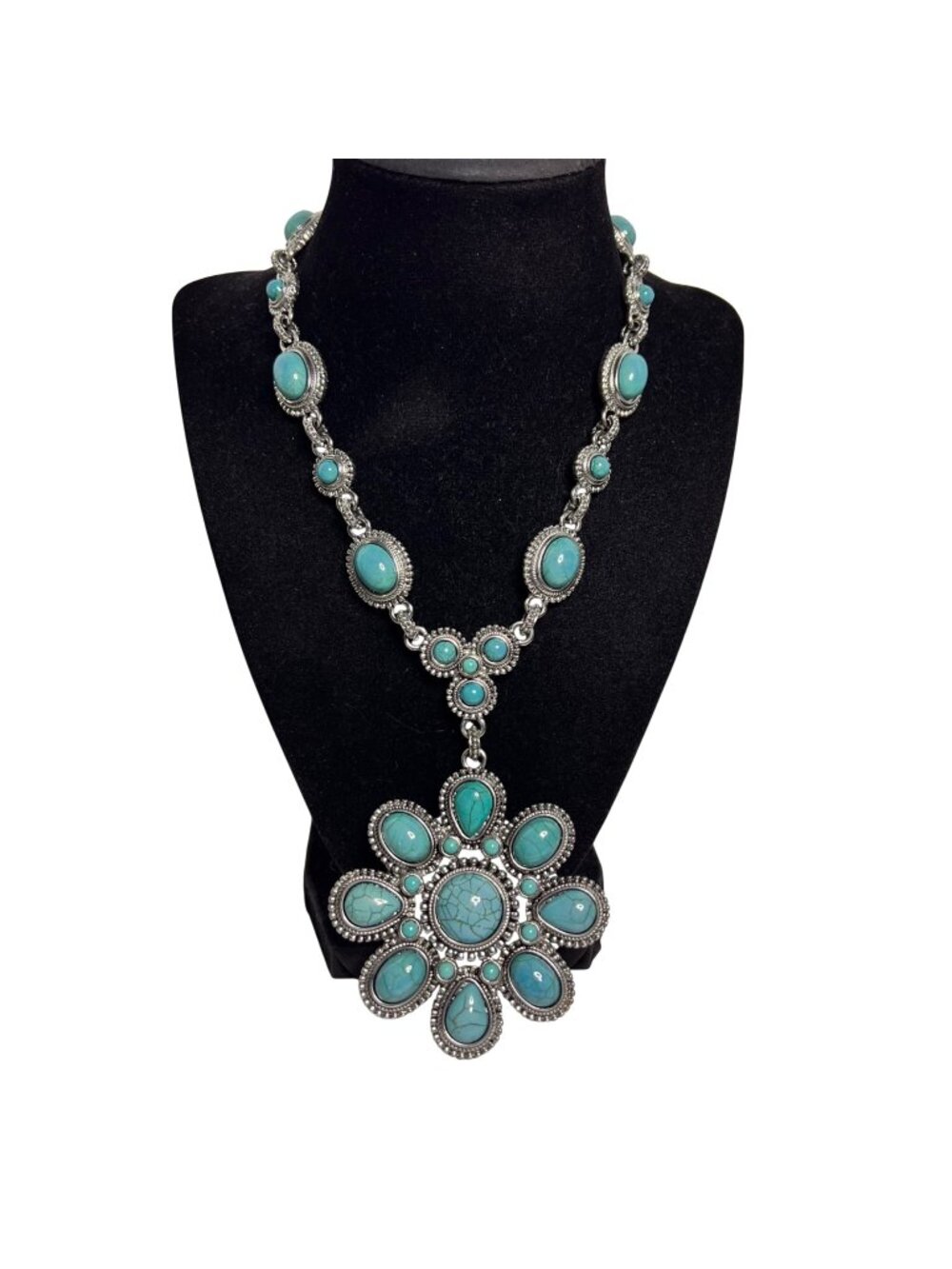 RJ Graziano Silver Tone And Faux Turquois Necklace With Flower Pendant (6321) - Picture 1 of 8